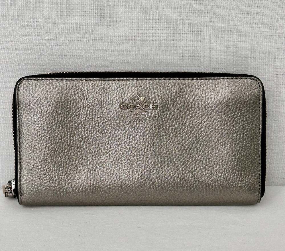 Coach Accordion Zip Around Long Wallet Metallic Pewter Pebble Leather Silver HW